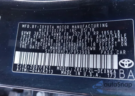 2018 Toyota Corolla Le from USA, damaged, VIN 5YFBURHE3JP853906